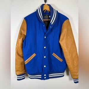 Dehen 1920 Blue And Brown Varsity Jacket Wool And Leather Medium $695 Retail